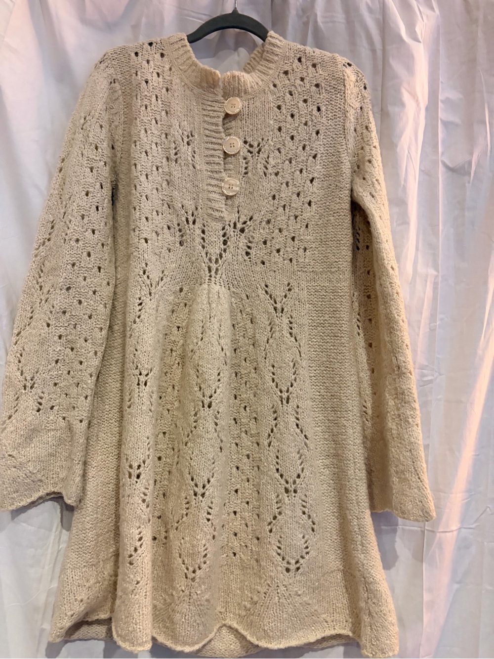 Source Unknown Cream Openwork Knit Long-Sleeve Button Placket Dress